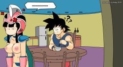 canon_couple chichi chichi's_armor chichi's_helmet dragon_ball dragon_ball_super flirting husband_and_wife light-skinned_female light_skin no_bra ox-princess son_goku topless