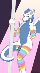 2022 anthro armwear belly biped blep blue_body blue_eyes clothing dabelette dragon foreskin front_view fur furred_dragon genitals glans half-erect hi_res humanoid_genitalia humanoid_penis legwear looking_at_viewer male mostly_nude multicolored_armwear multicolored_body multicolored_clothing multicolored_legwear multicolored_stockings navel penis pole pride_colors rainbow_arm_warmers rainbow_armwear rainbow_clothing rainbow_legwear rainbow_stockings solo standing stockings stripper_pole tongue tongue_out two_tone_body white_body