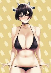 animal_ears bell bikini black_bikini black_choker black_hair blueorca blush breasts brown_eyes choker closed_eyes cow_ears cow_horns cowbell female hair_between_eyes highres horns large_breasts looking_at_viewer mole mole_on_breast mole_on_stomach mole_under_eye navel neck_bell original short_hair solo swimsuit wavy_mouth