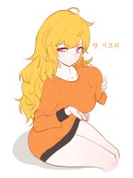 blonde_hair female female_only hoodie korean_text long_sleeves looking_at_viewer narynn purple_eyes rwby sitting sweater very_long_hair yang_xiao_long