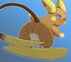 ahatas alolan_raichu anus blue_eyes brown_body female feral genitals gradient_background nintendo outline pokémon_(species) pokemon presenting presenting_pussy pussy raichu regional_form_(pokémon) simple_background smile solo standing video_games white_outline yellow_cheeks yellow_ears