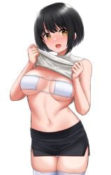 bikini black_hair black_skirt clothes_lift commentary_request eyepatch_bikini female female highres idolmaster idolmaster_cinderella_girls lifted_by_self looking_at_viewer open_mouth short_hair simple_background skirt smile solo sweater sweater_lift swimsuit takafuji_kako thighhighs thighs tomajiyama white_background white_bikini white_legwear white_sweater yellow_eyes