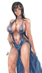 1girls belly_button big_breasts black_hair blue_eyes breasts cleavage curvy dress exposed_stomach female female_only long_hair necklace nico_robin one_piece partially_clothed pre-timeskip qaismelon sideboob skimpy skimpy_dress solo tan_skin thighs voluptuous