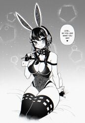 1girls assassin black_hair blush bunny_ears bunny_tail bunnysuit crystalsugarstars dialogue english_text female female_only fingerless_gloves heart hi_res legwear looking_at_viewer monochrome smiling smiling_at_viewer solo solo_female speech_bubble spy_x_family stiletto_(weapon) talking_to_viewer thick_thighs thorn_princess wrist_cuffs yor_briar yor_forger