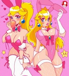 1girls 2021 blonde_hair blue_eyes bunny_ears bunny_tail bunnysuit cleavage crown crystalsugarstars detached_collar earrings eating elbow_gloves female female_only fishnet_stockings fishnets fully_clothed hi_res legwear long_hair looking_at_viewer mario_(series) neck_ribbon nintendo peach_(fruit) pink_lips princess_peach revealing_clothes solo solo_female stockings super_mario_bros. thick_thighs thigh_squish wide_hips wrist_cuffs