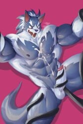 abs anthro balls big_pecs big_penis blue_body blue_hair bodily_fluids canid canine canis capcom cum cum_on_chest cum_on_penis darkstalkers dialogue gallon genital_fluids genitals hair hi_res humanoid_genitalia humanoid_penis jon_talbain looking_pleasured male male_only mammal muscular muscular_male nude one_eye_closed pecs penis pink_background sharp_teeth simple_background solo speech_bubble teeth tentacle tentacle_masturbation tentacles_around_arms tentacles_around_legs thick_thighs vampire_savior video_games wolf wolfanine yellow_eyes