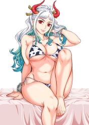 1girls big_breasts bikini blue_hair breasts brown_eyes clothed clothing curvy ear_piercing earrings feet female female_focus female_only gradient_hair hanzaki_jirou hi_res highres hoop_earrings horned_humanoid horns humanoid large_breasts light-skinned_female light_skin long_hair looking_at_viewer multicolored_hair one_piece oni oni_horns red_eyes red_toenails revealing_clothes shackles simple_background solo toenail_polish two_tone_hair white_hair wide_hips yamato_(one_piece) youkai