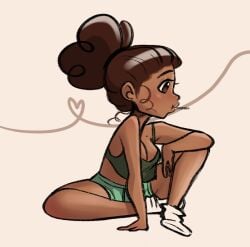 1girls arm_on_knee bare_shoulders breasts brown_eyes brown_hair cleavage crop_top dark-skinned_female dark_skin female female_focus hair_bun heart hourglass_figure lollipop long_legs looking_off_screen loose_top ohthesunnyside plump_lips shorts sitting socks solo solo_female sunny_(ohthesunnyside) tied_hair