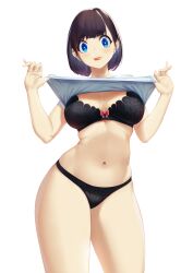 bangs black_bra black_panties blue_eyes blueorca blush bra breasts brown_hair clothes_lift commentary eyebrows_visible_through_hair female highres large_breasts lifted_by_self lips looking_at_viewer medium_hair midriff navel original panties shirt shirt_lift smile solo thick_thighs thighs underwear white_background white_shirt