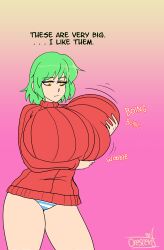 1girls big_ass big_breasts boing breasts_bigger_than_head enormous_breasts gigantic_breasts green_hair huge_breasts hyper_breasts massive_breasts panties shimapan short_hair striped_panties sweetscentedcrescent tagme text thick_thighs wobble