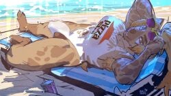 1futa absurd_res anklet anthro armpit_hair beach beach_chair big_breasts big_bulge blonde_hair body_hair boon_digges breasts brown_body bulge casual_exposure casual_nudity clothing eyewear futa_only futanari gynomorph hair hi_res hyaenid ineffective_clothing intersex jewelry kenno_arkkan looking_at_viewer lying mammal on_back one-piece_swimsuit pinup pizza_slut ponytail pose seaside solo spots spotted_body spotted_hyena sunglasses swimwear yellow_eyes