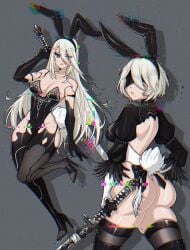 2022 2girls android ass blindfold bunny_ears bunny_tail bunnysuit crystalsugarstars female female_only glitch heels hi_res katana long_hair looking_at_viewer medium_hair nier:_automata stockings thick_thighs thigh_squish weapon white_hair yorha_2b yorha_a2