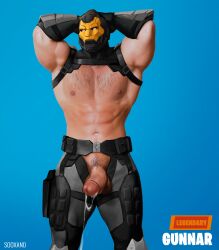 1boy abs balls ballsack bara biceps body_hair cum erection foreskin fortnite gloves gunnar_(fortnite) hairy_chest hands_behind_head harness human intact male male_nipples male_only male_pubic_hair mask muscular_male pecs penis retracted_foreskin scrotum solo sooxand testicles uncut veiny_penis watermark