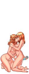 2girls dildo duo female female/female female_only harem_heroes multiple_girls on_knees orange_hair sex_toy touching_pussy yuri