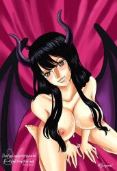 1girls big_breasts black_hair breasts cum_in_mouth cum_on_breasts devil_costume devil_wings female female_only horns long_hair looking_at_viewer nico_robin nude one_piece pre-timeskip shinjinou solo wings