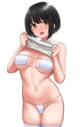 bikini black_hair clothes_lift eyepatch_bikini female female highres idolmaster idolmaster_cinderella_girls lifted_by_self looking_at_viewer open_mouth short_hair simple_background smile solo sweater sweater_lift swimsuit takafuji_kako thighhighs thighs tomajiyama white_background white_bikini white_legwear white_sweater yellow_eyes