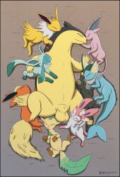 absurd_res animal_genitalia badger balls belly big_belly blue_body blush carpet cuddling eeveelution embrace espeon female feral flareon fully_sheathed fur genitals glaceon group hi_res high-angle_view jolteon leafeon lying male male/female mammal mustelid musteline nintendo nongenerous on_back paws pokemon pokemon_(species) pregnant pregnant_female purple_body pussy romantic sheath simple_background sleeping smile spread_legs spreading sylveon typhlosion umbreon vaporeon video_games yellow_body