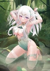 elf_ears flower flower_in_hair jewelry looking_at_viewer original_character pink_eyes pointy_ears silver_hair smile smiling smirk water wet white_hair zhongwu_chahui