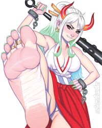 big_feet earrings feet female female_only foot_fetish foot_focus gradient_hair green_nails green_toenails hakama horns japanese_clothes nail_polish one_piece ring scott_blair shackles toe_ring toenail_polish white_hair yamato_(one_piece)