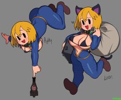 1girls :3 ass big_ass blonde_hair blush bra breasts cat_ears clothing collar explosive_collar fallout female footwear human jumpsuit large_breasts mob_face multiple_views pale_skin short_hair slave_collar smile vault_girl vault_suit waa153