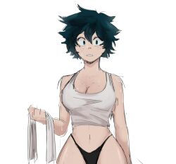 1girls absurdres artist_request black_panties breasts female female_deku freckles g-string genderswap genderswap_(mtf) green_eyes green_hair highres holding holding_towel izuku_midoriya large_breasts midriff my_hero_academia navel rule_63 simple_background sketch solo standing straight-on sweat tank_top thick_thighs tomboy towel white_background white_tank_top wide_hips