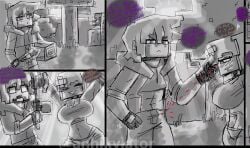 1boy 1boy1girl 1girls anhikylator big_breasts blush breasts clothed_female clothed_female_clothed_male clothed_male comic comic_strip cropped detailed_background female greyscale horny_female human_female humanoid jenny_belle_(slipperyt) male minecraft outside spanish_text