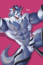 abs anthro balls big_pecs big_penis blue_body blue_hair canid canine canis capcom darkstalkers dialogue gallon genitals hair hi_res humanoid_genitalia humanoid_penis jon_talbain male male_only mammal muscular muscular_male nude pecs penis pink_background sharp_teeth simple_background solo speech_bubble teeth tentacle tentacle_masturbation tentacles_around_arms tentacles_around_legs thick_thighs vampire_savior video_games wide_eyed wolf wolfanine yellow_eyes