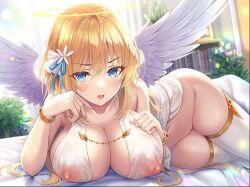 angel angel_wings bangs bare_shoulders bed_sheet blonde_hair blue_eyes blue_ribbon blurry blurry_background blush bookshelf breasts cleavage collarbone covered_nipples curtains eyebrows_visible_through_hair feathered_wings female flower groin hair_between_eyes hair_flower hair_ornament hair_ribbon halo halter_dress hand_on_own_chest highres indoors jewelry jpeg_artifacts large_breasts long_hair looking_at_viewer lying navel nipples no_bra no_panties on_bed on_side open_mouth original plant potted_plant pussy ribbon see-through sidelocks solo stomach thighhighs urabi_(tomatohouse) white_legwear wings