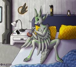 1boy 1nfer0 2022 3_fingers 3_toes 4_ears aaron_(avali) absurd_res anthro avali avali_underfluffies avalon_(avali) avian bed bedroom blue_blanket chest_tuft feathers feet fingers furniture furniture_lamp genitals green_body green_eyes green_feathers green_head grey_arms grey_body grey_chest grey_feathers grey_head grey_legs grey_sclera grey_torso grey_wings hi_res holding_object holding_potion hyper_potion lamp linus_tech_tips male multi_ear on_bed penis phone pillow potion purple_penis solo toes tuft tux_the_penguin water_bottle white_wall winged_arms wings yellow_pillow