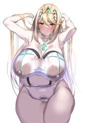 1girls 2022 alternate_breast_size areolae armpits arms_up bangs blonde_hair blush breasts chubby dark_nipples female female_only gold_eyes highleg_swimsuit hips huge_breasts large_areolae long_hair looking_at_viewer mythra nintendo nipples nipples_visible_through_clothing one-piece_swimsuit ryouten9 see-through see-through_clothing sweat sweaty_body swept_bangs swimsuit thick_thighs thighs thunder_thighs white_background white_swimsuit wide_hips xenoblade_(series) xenoblade_chronicles_2