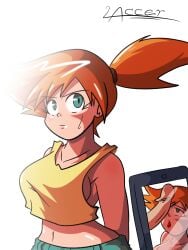 alternate_breast_size artlaccer_(artist) asymmetrical_hair big_breasts caught_in_the_act cellphone kasumi_(pokemon) kasumi_(pokemon) orange_hair penis_on_face photo pokemon pokemon_rgby ponytail short_hair tomboy tongue tongue_out