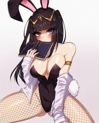 1girls 2022 ass_visible_through_thighs black_hair blush book bunny_ears bunny_girl bunny_tail bunnysuit cleavage crystalsugarstars female female_only fire_emblem fire_emblem_awakening fishnet_pantyhose fishnets fully_clothed legs_apart light-skinned_female light_skin long_hair looking_at_viewer nintendo purple_eyes revealing_clothes shirt solo tharja_(fire_emblem) thick_thighs