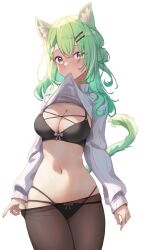 absurdres animal_ears big_breasts black_bra black_panties bow bow_bra bow_panties bra breasts cat_ears cat_tail ceres_fauna cleavage clothes_lift contrapposto cowboy_shot eyebrows_visible_through_hair female green_hair hair_between_eyes hair_ornament hairclip highres hololive hololive_english hololive_english_-council- hololive_english_-promise- kemonomimi_mode light_blush long_hair long_sleeves looking_at_viewer midriff mouth_hold navel no_pants panties panties_under_pantyhose pantyhose ribbed_sweater see-through shironekokfp shirt_lift simple_background solo sweater sweater_lift tail underwear virtual_youtuber white_background white_sweater yellow_eyes