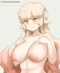 animal_ears blonde_hair blush breasts curled_horns goat_ears goat_girl goat_horns gradient_hair hair_ornament horns lara_(maplestory) large_breasts maplestory nipples pack_of_inu patreon smile standing tagme yellow_eyes