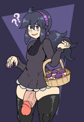 1boy basket black_thighhighs blush bottle clothing dress erect_penis femboy femboy_only game_freak girly hex_maniac male male_only middle_hex_(poopishness) milk_bottle original_character penis penis_out pokemon pokemon_xy ponytail poopishness purple_dress purple_eyes purple_hair purple_nail_polish purple_nails question_mark rule_63 sissy solo solo_femboy solo_male thick_thighs thighs topwear trap