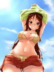 belly_button brown_hair female glasses june_(ne_z_asa) k-on! light-skinned_female light_skin sawako_yamanaka_(k-on!) shorts sky smile smiling swimsuit swimwear yamanaka_sawako