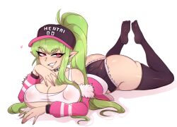 1girls 2022 2d baseball_cap bent_legs black_thighhighs cap female female_only green_hair heart inkbuns jacket light-skinned_female light_blush light_skin linnaea_(silviathepony) long_hair looking_at_viewer lying lying_on_stomach minishorts narrowed_eyes nipple_bulge original pale-skinned_female pale_skin pointy_ears ponytail red_eyes smiling smiling_at_viewer solo tank_top teeth_showing thick_thighs thigh_squish thighhighs very_high_resolution white_background