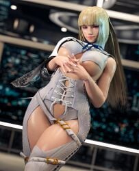 1girls 3d alluring bangs blonde_female blonde_hair blue_eyes blunt_bangs bride_outfit emilie_de_rochefort female gcb light-skinned_female light_skin long_hair looking_at_viewer namco smile solo tekken tekken_tag_tournament_2 thighs under_boob wrestling_ring