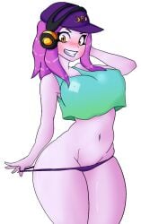 artist_request fey_yoshida large_breasts metaverse_champions nervous_smile orange_eyes panty_pull pink_skin purple_hair roblox roblox_rthro robloxian source_request tagme