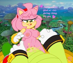 amy_rose anthro bodily_fluids breasts creampie crocodile crocodilian crocodylid cum cum_in_pussy cum_inside dating duo english_text eulipotyphlan exposed_torso female footwear genital_fluids genitals handwear hedgehog hi_res humanoid male male/female mammal penetration praiz pussy reptile scalie sega snailbail22 sonic_(series) sonic_the_hedgehog_(series) vaginal vaginal_penetration vector_the_crocodile