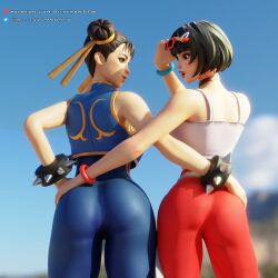 2girls 3d 3d_(artwork) ass butt chun-li chun-li_(fortnite) clothed clothing evie_(fortnite) eyewear_on_head female female_only fortnite lipstick silver2299 street_fighter sunglasses_on_head thighs tight_clothing