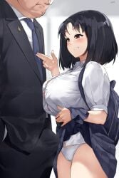 1boy bag black_hair blush breasts brown_eyes bulge button_gap commentary_request fat_bastard fat_man female formal gao_(gaolukchup) grin hand_in_pocket highres large_breasts lifted_by_self medium_hair necktie old_man original panties patreon_username photoshop_(medium) school_bag school_uniform skirt smile straight suit ugly_bastard ugly_man underwear watermark web_address white_panties