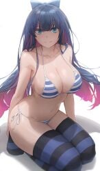 bangs bikini blue_eyes blue_hair bow bra cleavage collar eyebrows_visible_through_hair hands_behind_back highres kneeling large_ass large_breasts lingerie long_hair looking_at_viewer on_knees panty_&_stocking_with_garterbelt pink_hair sitting smile stocking_anarchy stockings string_bra string_panties striped_legwear stripes thick_thighs thighhighs tiptoes turquoise_eyes yohan1754