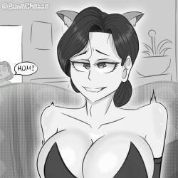 1boy 2girls alternate_costume asian big_breast black_and_white black_eyes black_hair black_leotard bonacheese breast bunny_girl bunnysuit cat_ears cleavage comic disney female female_only looking_front manga milf ming_lee monochrome mother pixar text tied_hair turning_red