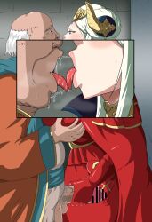 bald breast_grab censored edelgard_von_hresvelg eye_contact fat_man fire_emblem fire_emblem:_three_houses french_kiss groping handjob horns kissing large_breasts nintendo old_man original_character penis post-timeskip purple_eyes saliva saliva_string tongue tongue_out tonsuke ugly_bastard ugly_man uniform white_hair younger_female zoom_layer