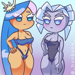 2girls artist_name ass belly_button big_ass bikini blue_eyes blue_hair blue_skin blush breasts cleavage clothed clothing cookie_run cookie_run_kingdom duo eyelashes female female_only gradient_background hair hand_on_hip hi_res long_hair medium_breasts navel one-piece_swimsuit short_hair simple_background small_breasts smile standing swimsuit tan_body tan_skin thick_thighs tied_hair water_hair white_hair yuri