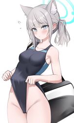 absurdres animal_ear_fluff animal_ears bag blue_archive blush breasts competition_swimsuit female grey_hair halo highres holding holding_bag medium_breasts one-piece_swimsuit otakummm ponytail shiroko_(blue_archive) shiroko_(swimsuit)_(blue_archive) simple_background solo swimsuit white_background wolf_ears wolf_girl