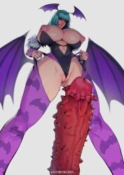 1girls alternate_breast_size bat_print bat_wings big_breasts bimbo blue_eyes breasts breasts_out_of_clothes bridal_gauntlets capcom clothing darkstalkers dildo feet_out_of_frame fur_trim green_hair grin head_wings heart_cutout huge_breasts large_breasts leotard lips long_hair low_wings morrigan_aensland overflowing_breasts pantyhose print_legwear purple_wings pussy_floss ripped_clothing simple_background standing studded_penis succubus tearing_clothes torn_clothes tortuga white_background wings