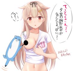 alternate_costume ame-san black_ribbon blonde_hair breasts censored censored_nipples female female_only hair_flaps hair_ornament hair_ribbon hairclip highres kantai_collection long_hair medium_breasts navel no_bra novelty_censor one_breast_out red_eyes ribbon shirt short_sleeves solo solo_female speech_bubble t-shirt translated upper_body white_shirt yuudachi_(kantai_collection) yuudachi_kai_ni_(kantai_collection)