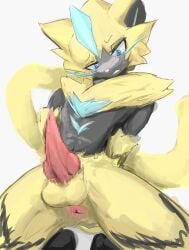 anthro anthro_only anus black_body black_fur blue_body blue_fur censored dick felid feline feline_humanoid feline_penis fur furry furry_only hands_behind_back ikura_echichi legendary_pokémon male male_only mythical_pokemon penis pixelated pixelated_penis pokémon_(species) pokemon simple_background solo solo_male teeth teeth_showing white_background yellow_body yellow_fur zeraora